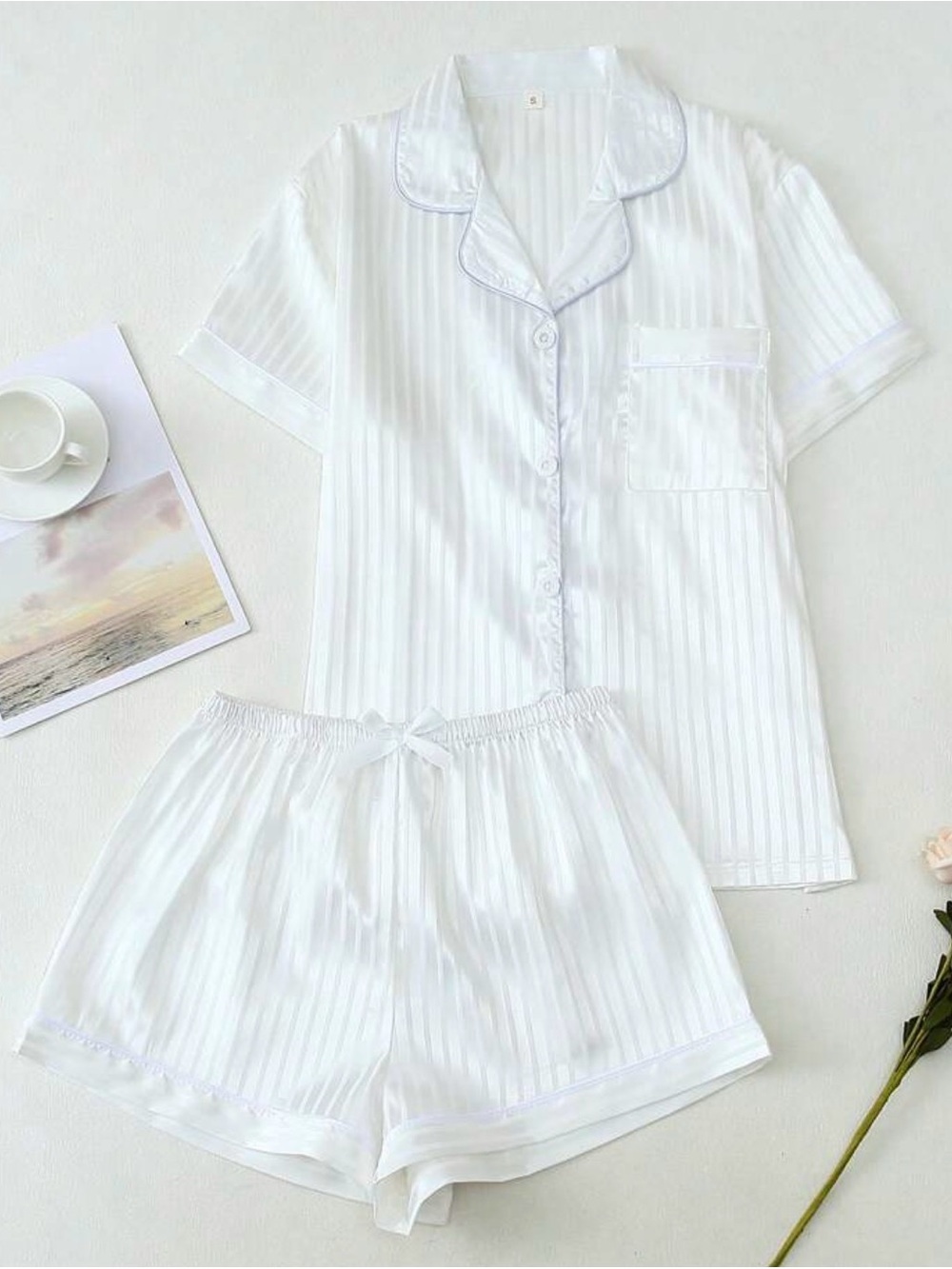 Classic White Short-Sleeve Satin Pajama Set